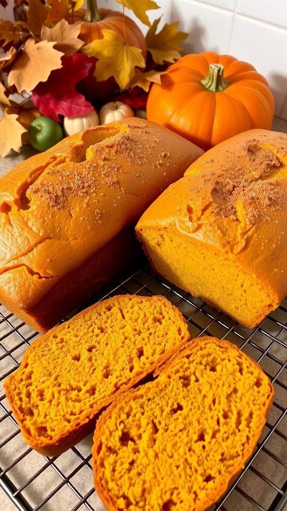 Two loaves of golden brown pumpkin bread cooling on a rack, with slices cut to show the moist texture.